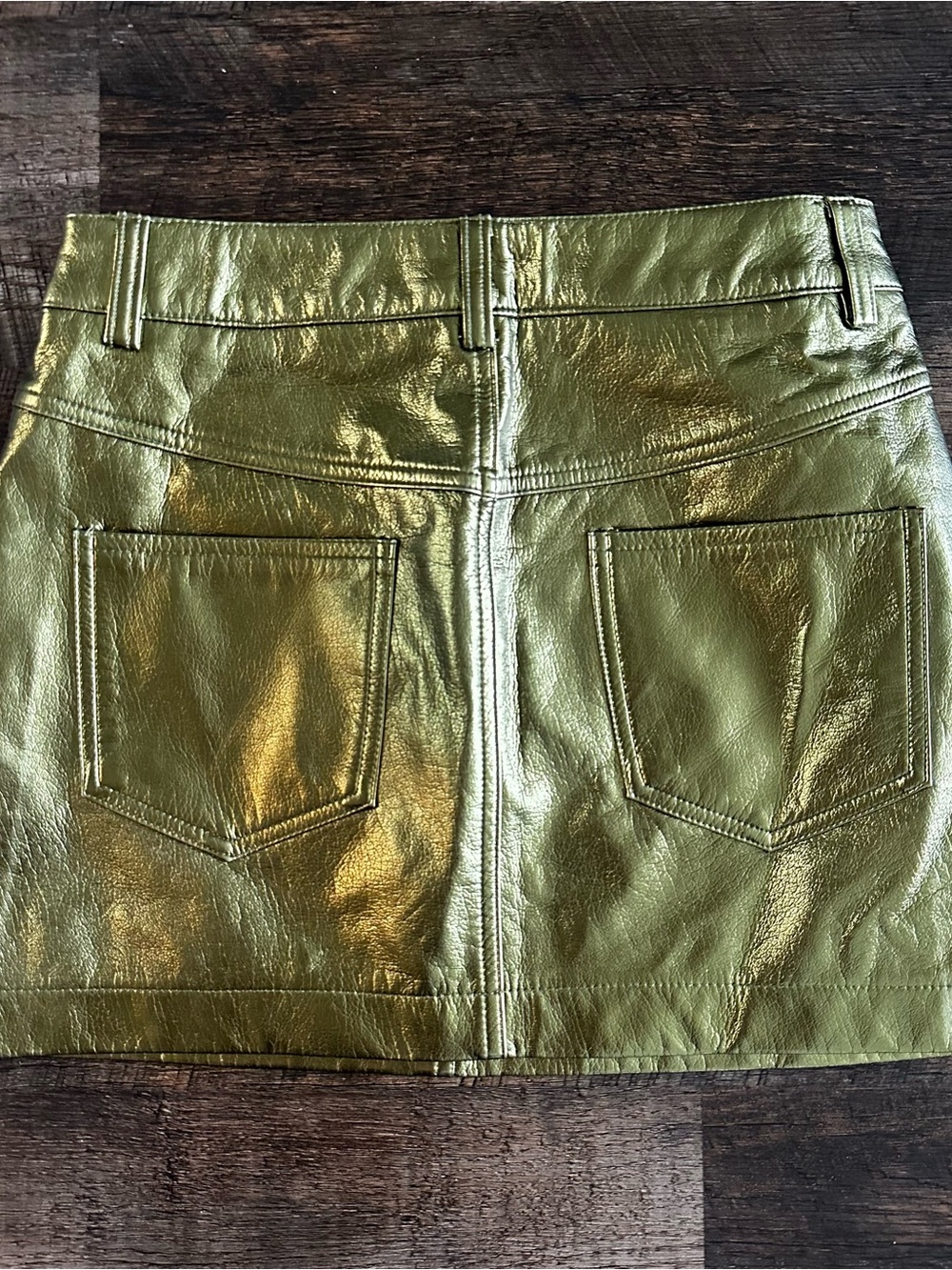 AMYLYNN Metallic Olive Green Faux Leather Mini Skirt - Picture 2 of 5